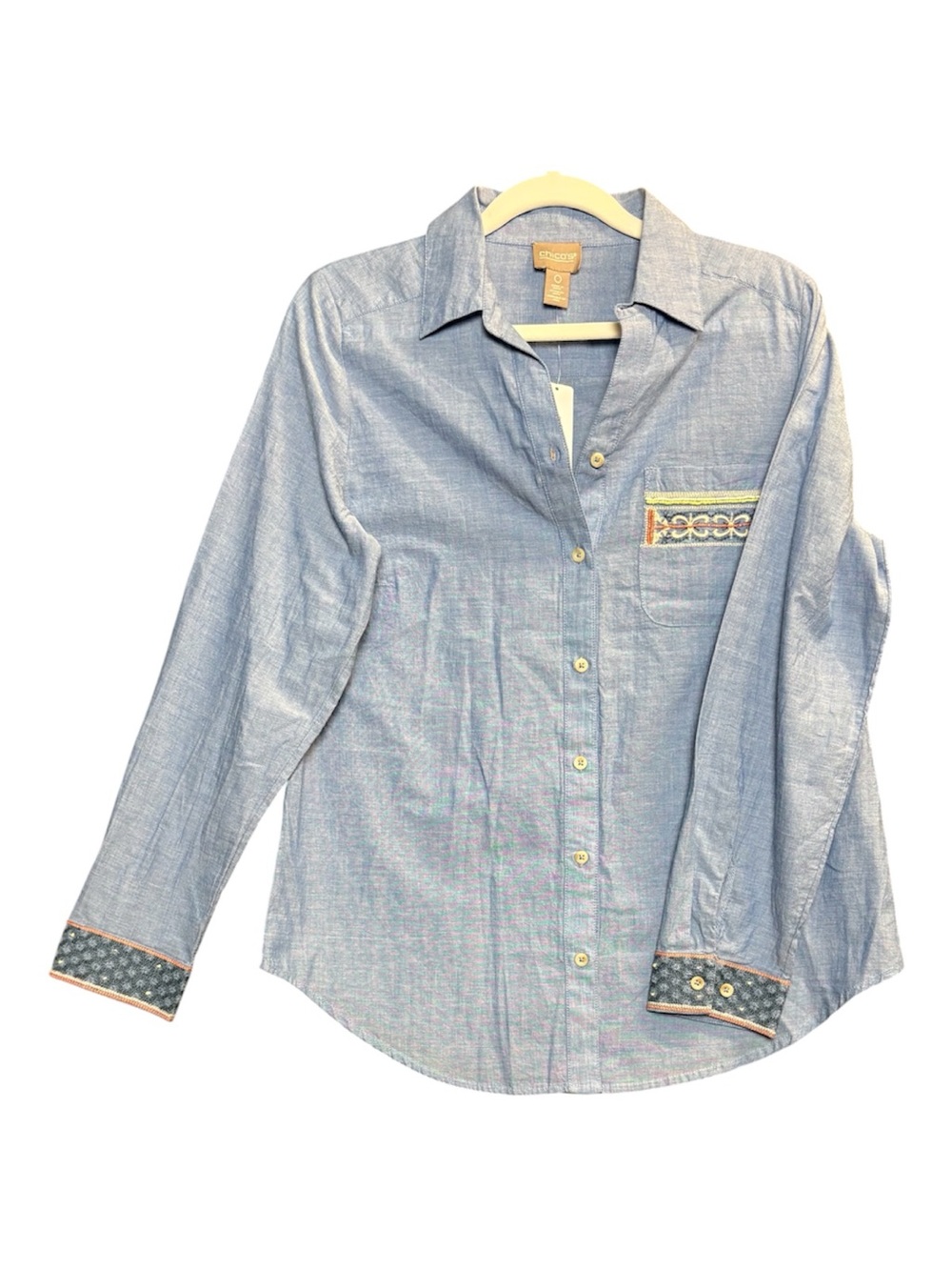 Chico's Embroidered Denim Chambray Long Sleeve Button Down Southwestern Top Sz 0